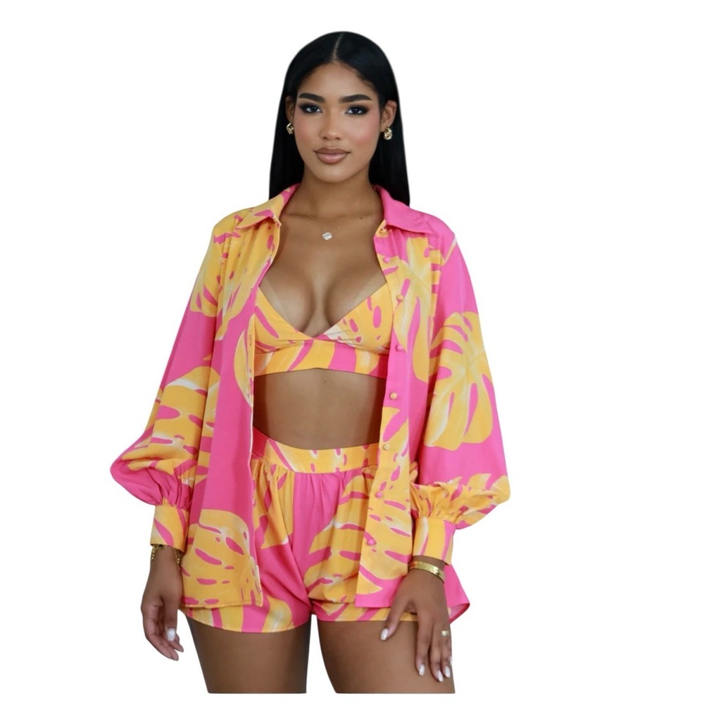 Womens Three Piece Suit Shirt Shorts And Bra Pink Set Summer Casual Blouse Sz‎ M